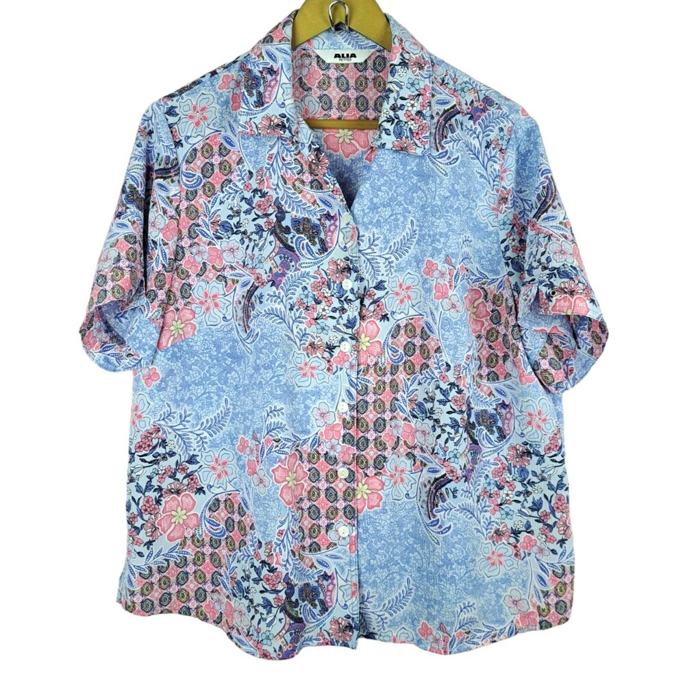 Vintage Alia Petites Button Up Floral Shirt Short Sleeve Blue Pink Size XL